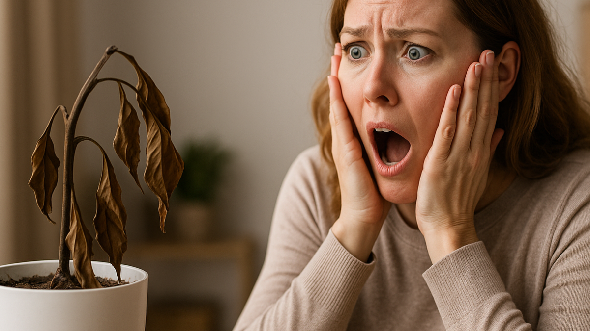 woman staring at dead plant
