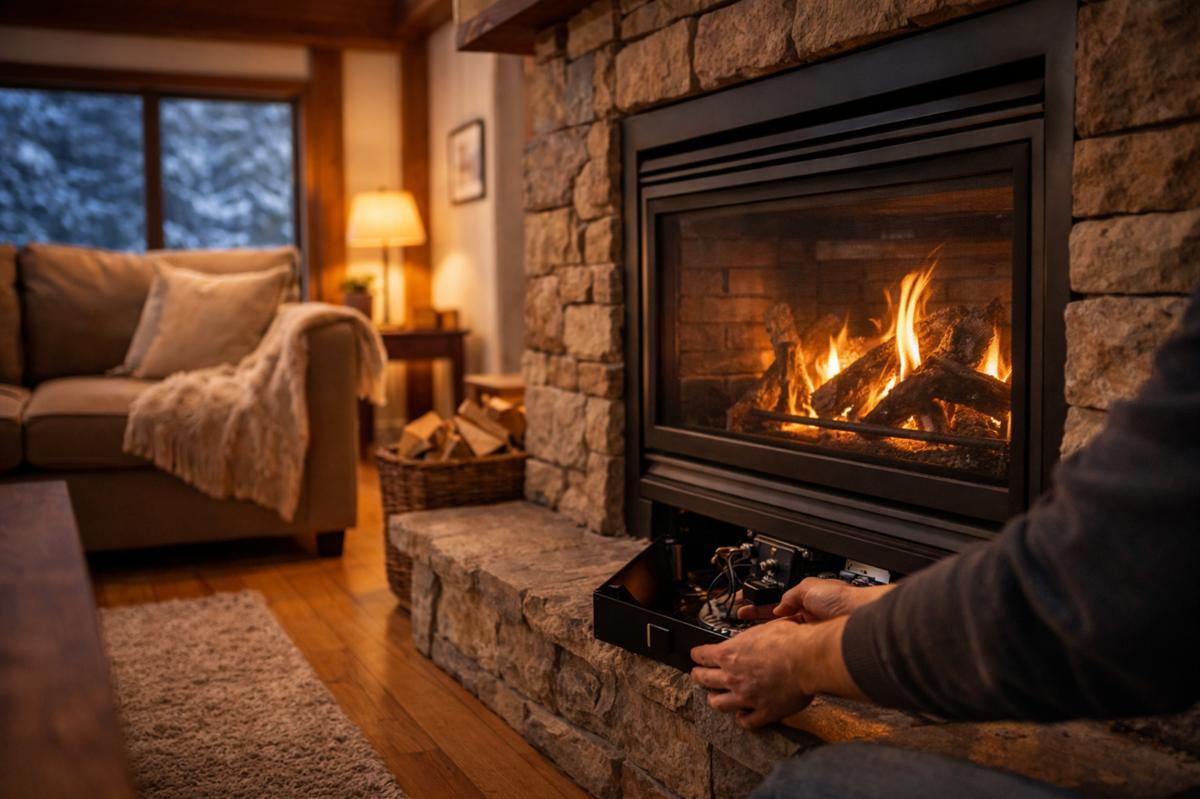 Homeowner repairing gas fireplace control module in cozy living room