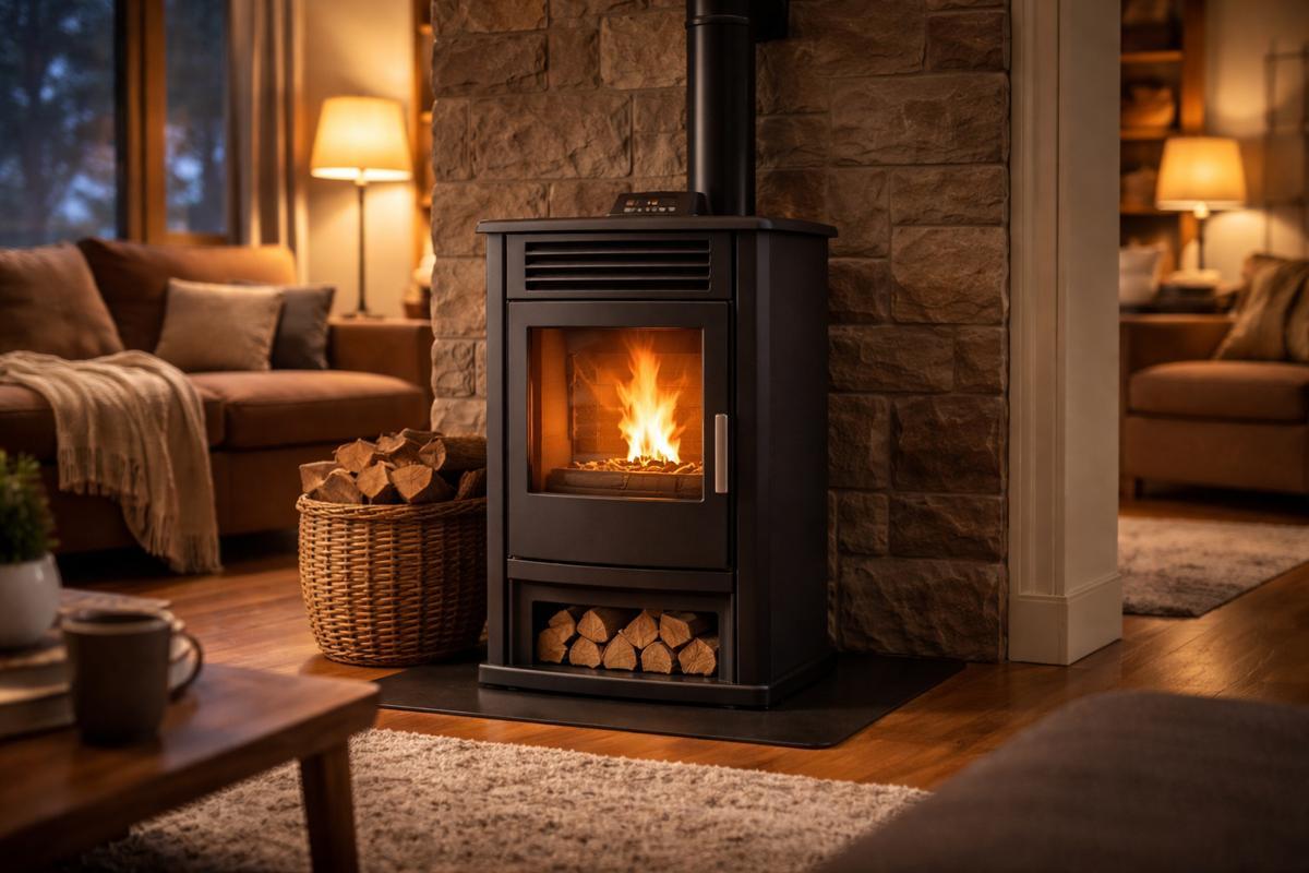 pellet stove shown inside a cozy home